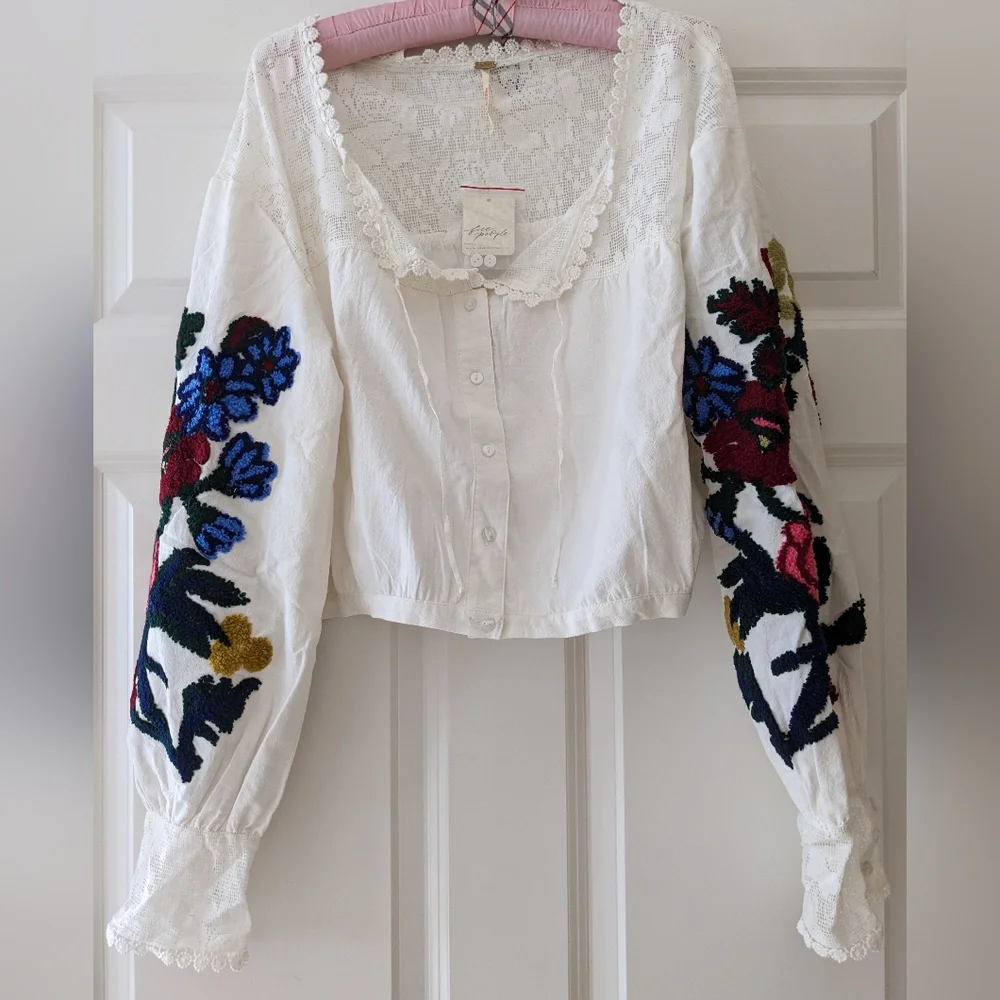 Free People Meadows top sheer floral lace details embroidered sleeve siz…